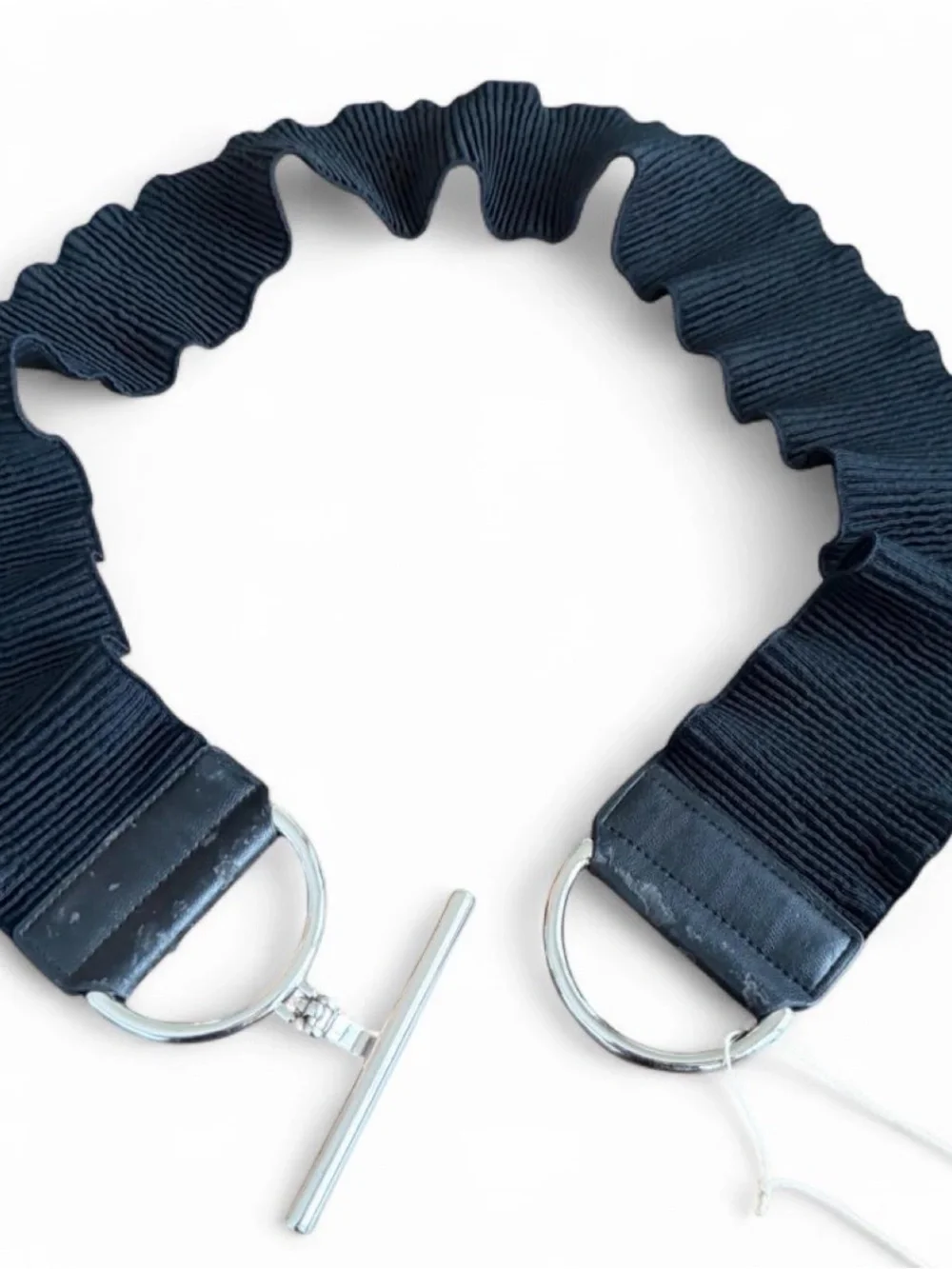 Vintage Chico's Black Ribbed Elastic Belt with Silver Toggle Closure M/L